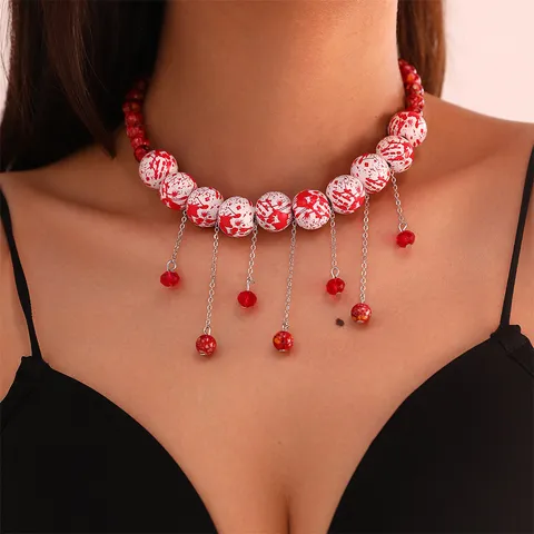 Halloween Vintage Red Beads Tassel Choker Necklace For Women Alloy Resin Blood Splatter Style Chain Festive Costume Party Jewelry Gift