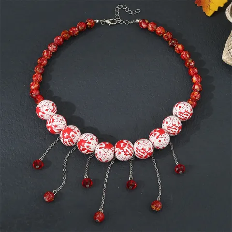 Halloween Vintage Red Beads Tassel Choker Necklace For Women Alloy Resin Blood Splatter Style Chain Festive Costume Party Jewelry Gift