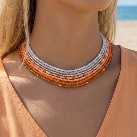 Bohemian Layered Seed Bead Choker Necklace For Women Euro-American Handmade Multicolor Artificial Pearl Clasp Collar Chain Beach Vacation Jewelry