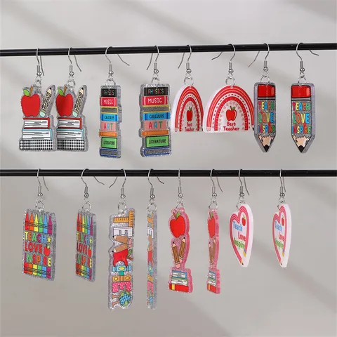 Cadeaux pour Enseignants Rentrée Scolaire Boucles d'Oreilles Pendantes en Résine pour Femmes Crayon Créatif Livre Pomme Arc-en-Ciel Bijoux Cadeau