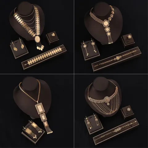Vintage Kupfer Halskette Ohrringe Armband Ring Kombination Für Damen Gold Punk Geometrische Mehrlagige Schmuck Kollektion