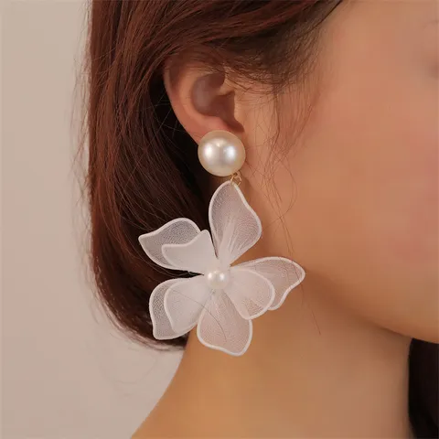 Elegant Double Layer Mesh Flower Stud Earrings For Women Simple Large Simulation Botanical Floral Earrings With Stainless Steel Earring Post Artificial Pearl Accent Fashion Daily Ear Rings Gift