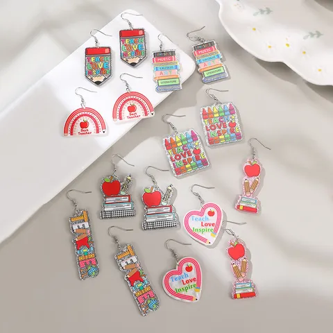 Cadeaux pour Enseignants Rentrée Scolaire Boucles d'Oreilles Pendantes en Résine pour Femmes Crayon Créatif Livre Pomme Arc-en-Ciel Bijoux Cadeau