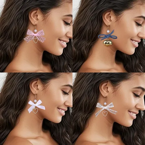 Süße Stoff Spitze Schleife Ohrhänger Für Damen Strass Künstliche Perle Herz Anhänger Tropfen Ohrringe Mode Schmuck Geschenk