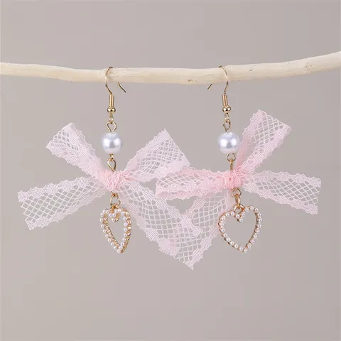 Süße Stoff Spitze Schleife Ohrhänger Für Damen Strass Künstliche Perle Herz Anhänger Tropfen Ohrringe Mode Schmuck Geschenk