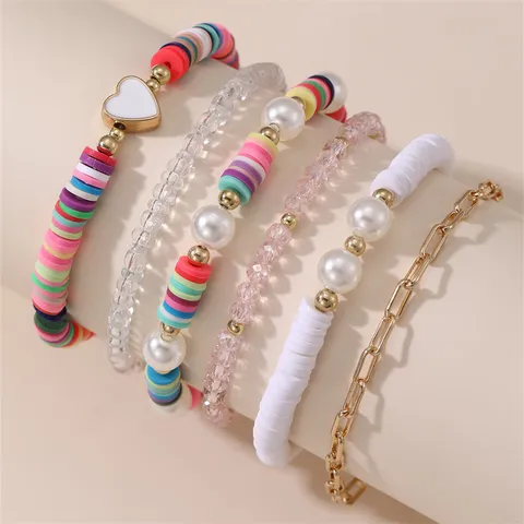 Buntes Polymer-Ton Perlen Armband Set Für Damen Handgefertigte Künstliche Perle Strass Herz Schleife Anhänger Boho Schmuck Armband