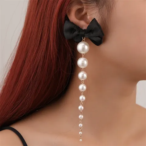 Damen Lange Quasten Ohrringe Beflockte Rose Schleife Künstliche Perle Gradient Tropfen Ohrringe Herbst Winter Modeschmuck