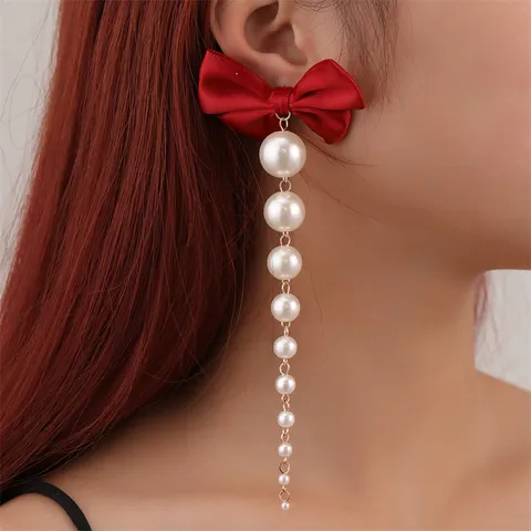 Damen Lange Quasten Ohrringe Beflockte Rose Schleife Künstliche Perle Gradient Tropfen Ohrringe Herbst Winter Modeschmuck