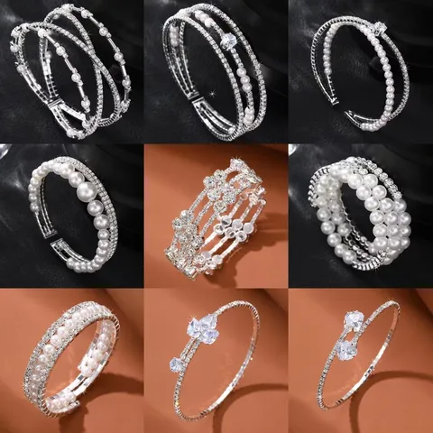 Damen Elegant Mehrschichtige Offene Armreif Zinklegierung Strass Künstliche Perle Krallenkette Bangle Mode Schmuck Zubehör