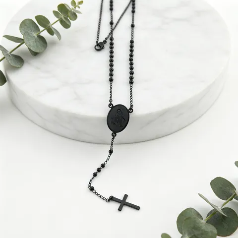 Collar Largo de Cuentas de Acero Inoxidable Colgante de Cruz Estilo Rosario Cadena Minimalista Joyería de Moda Regalo Hombres Mujeres