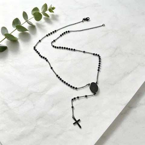 Collar Largo de Cuentas de Acero Inoxidable Colgante de Cruz Estilo Rosario Cadena Minimalista Joyería de Moda Regalo Hombres Mujeres