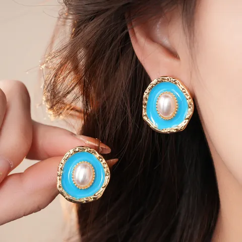 Pendientes de Botón de Aleación Vintage de Lujo con Perla Artificial Ovalada para Mujer Minimalistas Chapados en Oro Esmalte Azul Geométricos