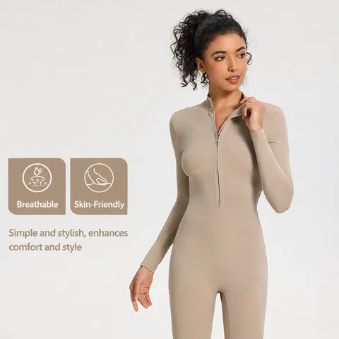 Women's Thermal Fleece Lined Long Sleeve Jumpsuit Solid Color Stand Collar Zipper Slim Fit Yoga Fitness Athletic Bodysuit