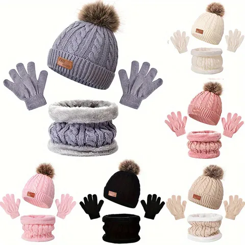 Conjunto de Gorro Bufanda y Guantes de Punto Cálidos de Invierno para Niños Lindo Pom Pom Forro de Peluche
