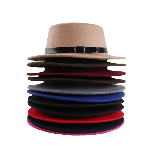 Unisex Vintage Flat Top Fedora Hat Short Brim Felt Hat With Leather Strap Retro Jazz Cap For Men Women
