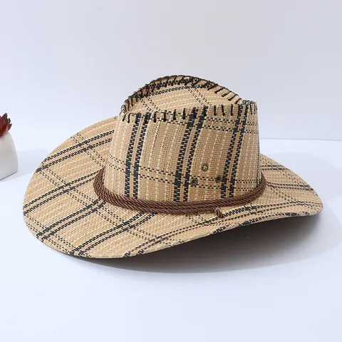 Herren Britischer Stil Karo Strohhut Sommer Outdoor Reisen Sonnenschutz Breite Krempe Fedora Cowboy Strandhut
