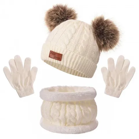 Kids Winter Warm Knit Hat Scarf And Gloves Three Piece Set Double Pom Pom Beanie