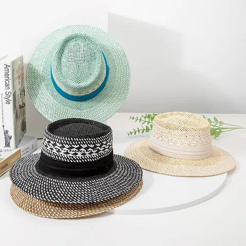 Women's British Style Color Block Handmade Woven Straw Hat Summer Vacation Beach Large Brim Sun Fedora Hat Chic Elegant Ladies Sunhat