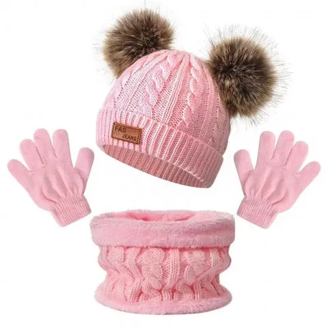 Kids Winter Warm Knit Hat Scarf And Gloves Three Piece Set Double Pom Pom Beanie