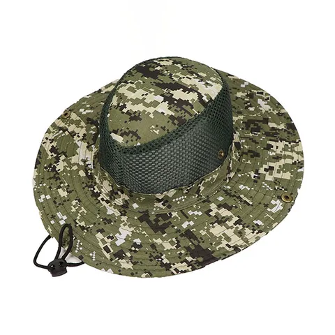 Men's Outdoor Sun Protection Camouflage Fisherman Hat Breathable Mesh Wide Brim Foldable Hiking Fishing Bucket Hat