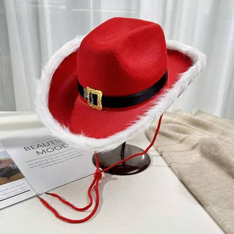 Roter Weihnachts Cowboyhut Festival Party Hut Mit Weißem Fellbesatz Goldene Schnalle Breite Krempe Jazz Fedora Hut Für Urlaub