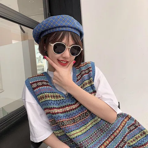 Japanese Retro Plaid Beret For Women Summer Thin Breathable Octagonal Painter Hat Sweet Plaid Pattern Soft Girl Fashion Headwear