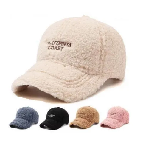 Women Winter Warm Lambs Wool Baseball Cap Casual Thickened Plush Adjustable Letter Embroidery Hat