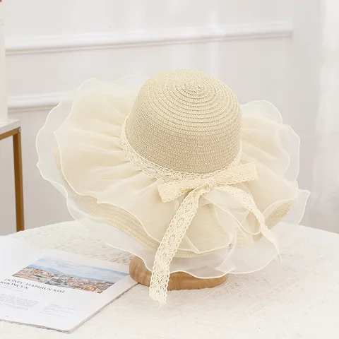 Women's Sun Hat Summer Beach Wide Brim Straw Hat With Mesh Lace Ribbon
