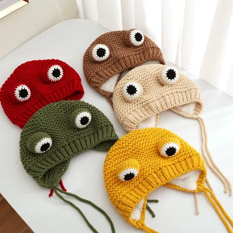 Baby Frog Knit Hat Cute Cartoon Big Eyes Plush Lined Warm Winter Beanie Infant Toddler Earflap Windproof Pullover Cap