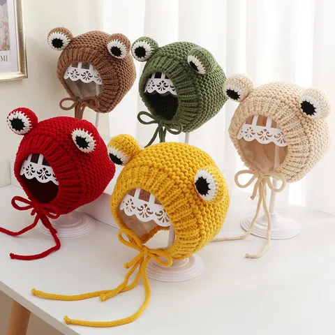 Baby Frog Knit Hat Cute Cartoon Big Eyes Plush Lined Warm Winter Beanie Infant Toddler Earflap Windproof Pullover Cap