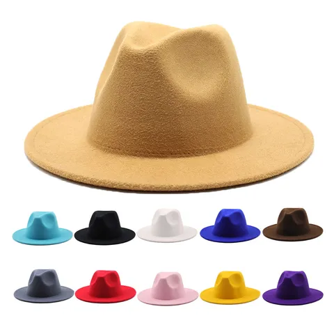 Unisex Vintage Solid Color Fedora Hat Wide Brim Woolen Felt Jazz Cap Autumn Winter Retro Bowler Hat
