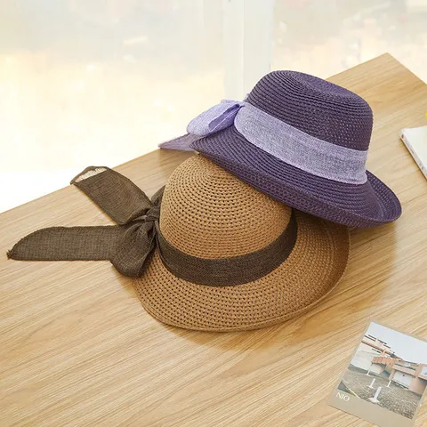 Women Wide Brim Straw Hat Summer Beach Sun Hat Bowknot Ribbon Foldable Sun Protection Vacation Woven Hat