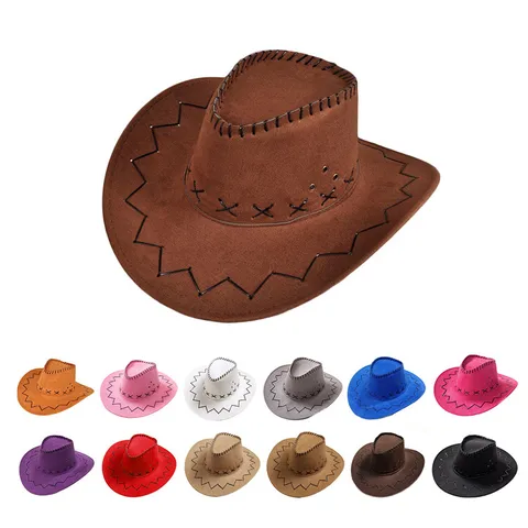 Vintage Faux Suede Western Cowboy Hat Wide Brim Sun Protection Jazz Rider Cap With Windproof Rope For Men Women Outdoor