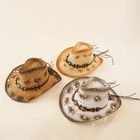 Chapeau de Paille Cowboy Femme Homme Ouest Plage Soleil Chapeau Perlé Ajouré Jazz Fedora Chapeau Vacances Été Coiffure