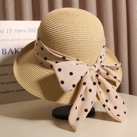 French Elegant Women Summer Beach Vacation Sun Straw Hat Polka Dot Bowknot Wide Brim Bucket Sun Hat