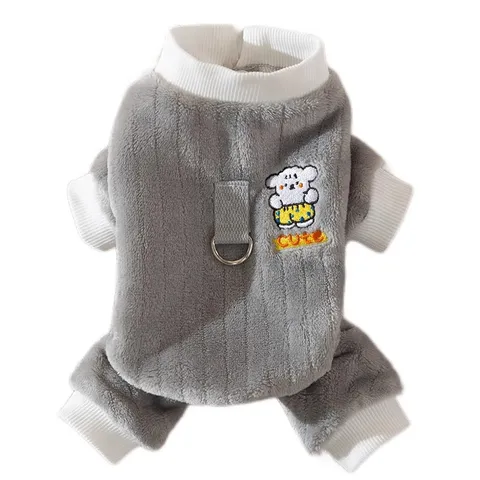 Warmer Wolkenvlies Haustier Jumpsuit Mit Leinen D-Ring Süßer Cartoon Bär Gestickte Vierbeinige Bekleidung Für Kleine Hunde Katzen Grau Grün