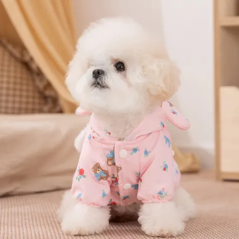 Simpatici Vestiti per Animali Domestici con Motivo Orso a Fiori Autunno Inverno Caldo Abito da Cane Foderato in Pile con Fibbia ad Anello a D Finitura in Pizzo per Cani Piccoli Medi Gatto