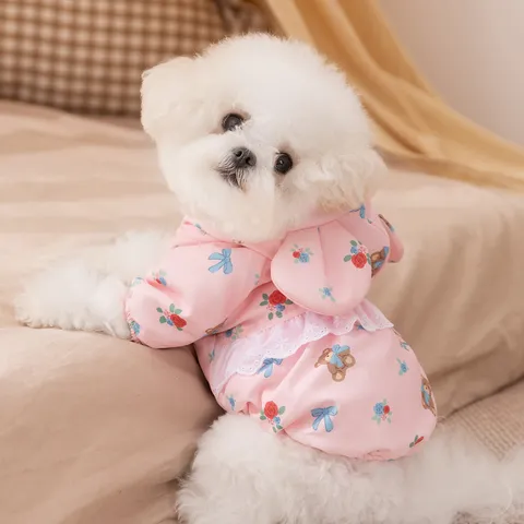 Simpatici Vestiti per Animali Domestici con Motivo Orso a Fiori Autunno Inverno Caldo Abito da Cane Foderato in Pile con Fibbia ad Anello a D Finitura in Pizzo per Cani Piccoli Medi Gatto