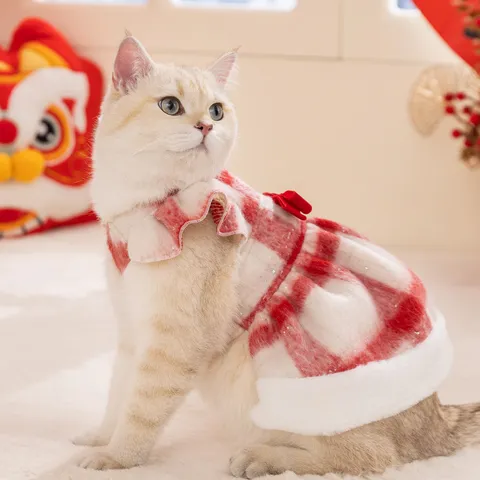 Pet Christmas Red Plaid Dress Cloak Set Warm Fleece Lined Dog Clothing Christmas Sweetheart Plaid Costume For Cats Small Dogs