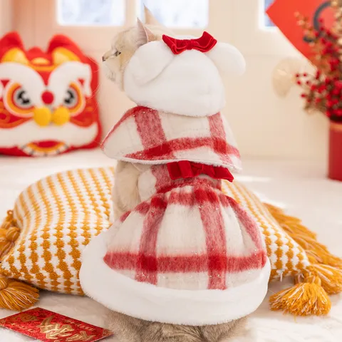 Pet Christmas Red Plaid Dress Cloak Set Warm Fleece Lined Dog Clothing Christmas Sweetheart Plaid Costume For Cats Small Dogs