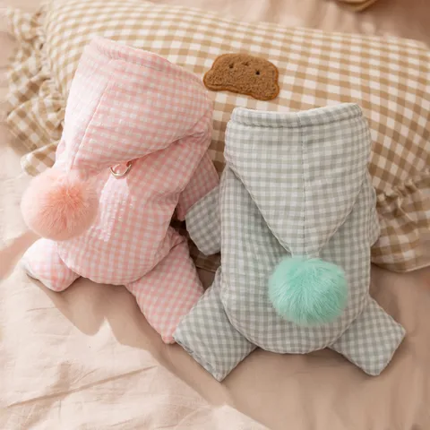 Verdickter Warmer Haustier Vierbeiniger Jumpsuit Kariert Gesteppt Hundekleidung Mit Kapuze Winter Jumpsuits Für Kleine Hunde Teddy Bichon Oberbekleidung