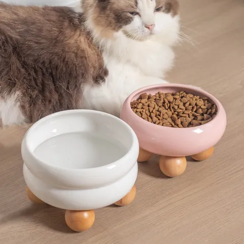 Elevated Ceramic Pet Bowl With Wooden Ball Stand Neck Protection Detachable Cat Dog Food Water Feeder Bowl Home Supplies