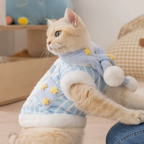 Set Gilet E Sciarpa Calda Per Animali Domestici Abbigliamento In Pile Ispessito A Righe Con Stelle Per Gatti Cani Piccola Taglia Autunno Inverno