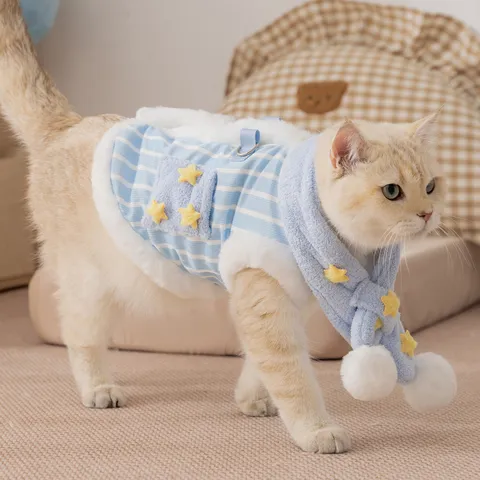 Set Gilet E Sciarpa Calda Per Animali Domestici Abbigliamento In Pile Ispessito A Righe Con Stelle Per Gatti Cani Piccola Taglia Autunno Inverno