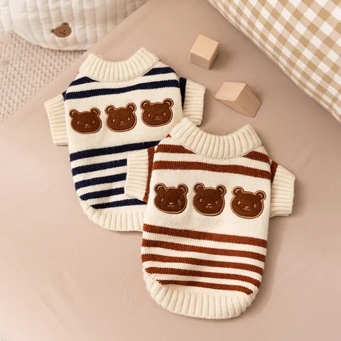 Pull Pour Animal Domestique Rayé Broderie Ours Mignon Vêtements Chauds D'hiver Pour Chiens Chats Petits Moyens