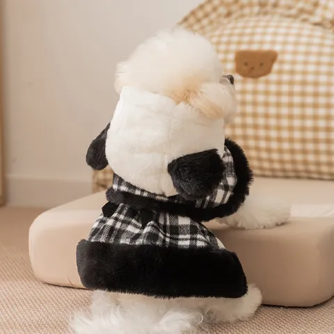 Kleine Hunde Winter Warm Karo Kleid Umhang Set Süße Welpen Kleidung Gefütterte Prinzessin Mantel Haustierbekleidung