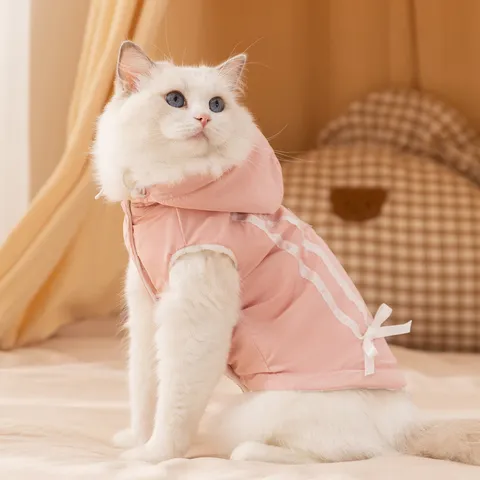 Giacca Invernale Calda in Pile per Gatti Cani Cappotto con Cappuccio Antivento per Cuccioli con Fiocco Abbigliamento a Strisce Carino