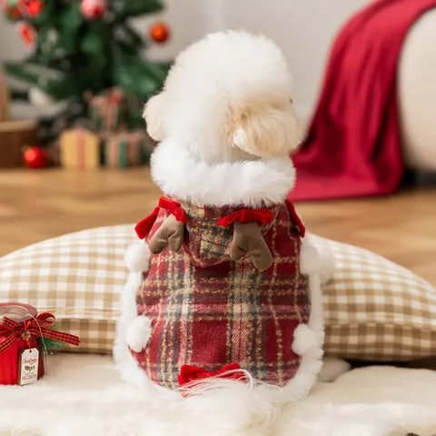Christmas Pet Dog Cloak Reindeer Antler Red Plaid Warm Fleece Puppy Cat Cape Costume New Year Holiday Apparel For Small Medium Dogs