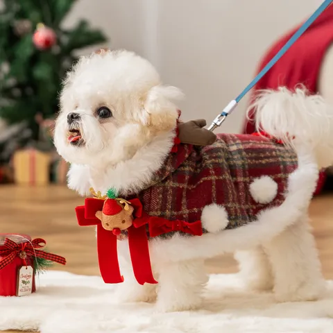 Christmas Pet Dog Cloak Reindeer Antler Red Plaid Warm Fleece Puppy Cat Cape Costume New Year Holiday Apparel For Small Medium Dogs