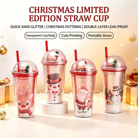 Christmas Double Wall Straw Cup Cute Cartoon Glitter Sequin Plastic Water Bottle Reusable Portable Travel Drinkware For Students Gift